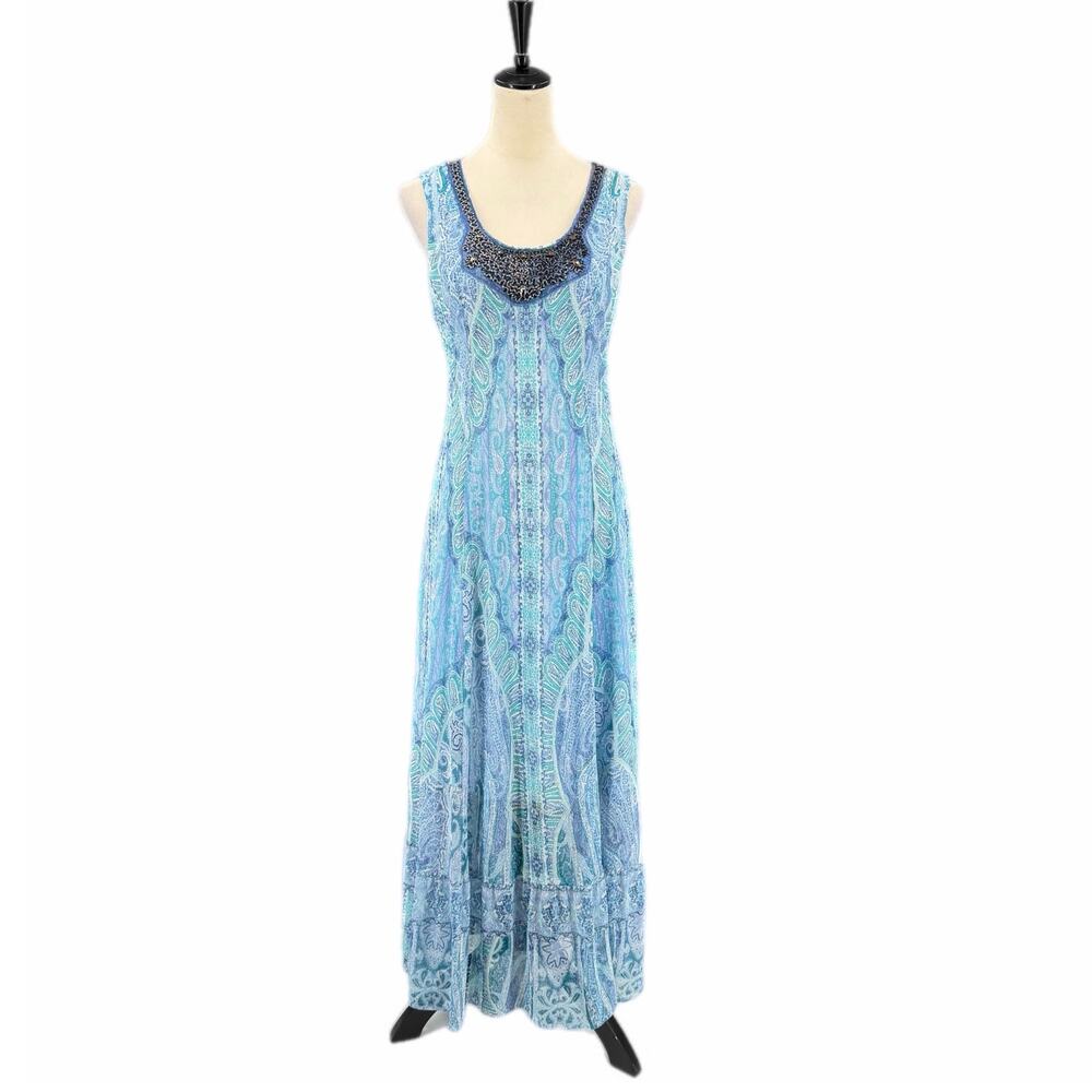 Reba Blue White Paisley Maxi Boho Cottagecore Western Embellished Beaded Dress